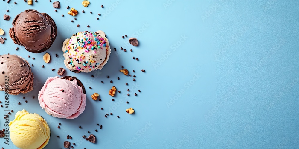 Aufkleber Assorted colorful ice cream scoops with chocolate sprinkles and nuts on a light blue background with empty space on the right for text placement