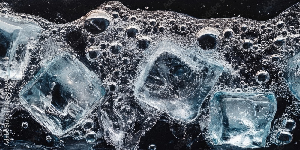Aufkleber ice cubes submerged in clear water with bubbles, featuring shades of blue and clear transparency, ar