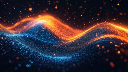 Obraz premium Vibrant Waves of Light Flowing in Orange and Blue Hues Against a Dark Background, Creating a Dynamic and Captivating Visual Experience