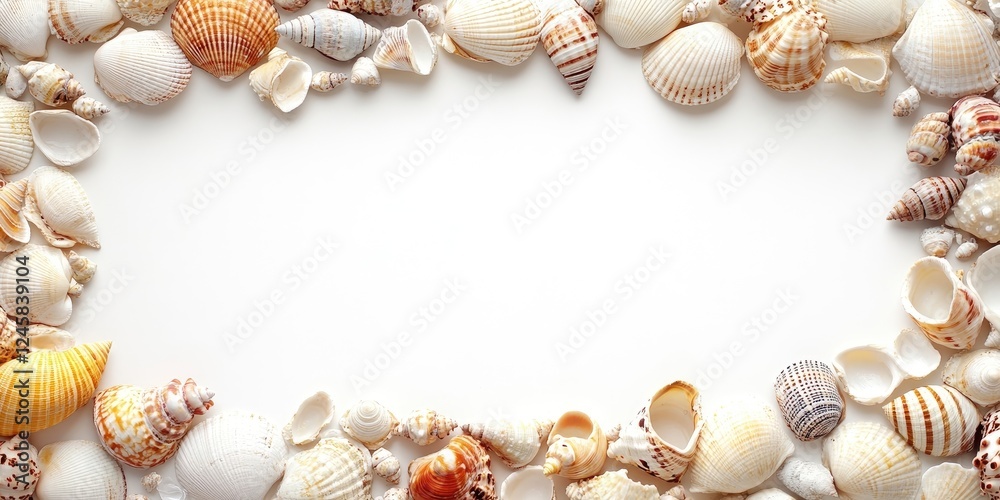 Poster white background framed with an assortment of beige and cream seashells, displaying various shapes a
