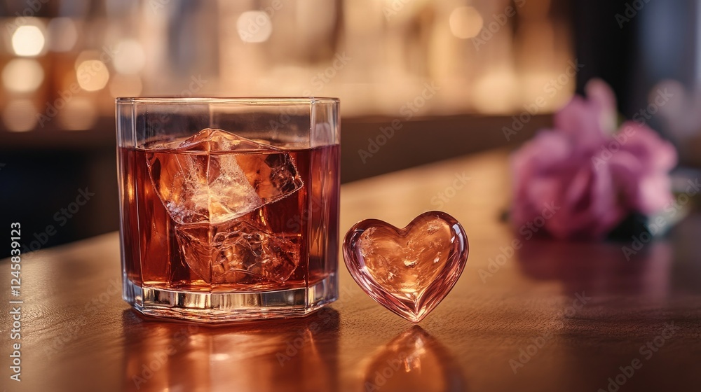 Poster a heart-shaped ice cube resting beside a glass of cold drink, with the ice melting slightly, adding 