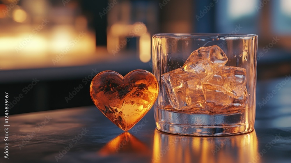 Poster a heart-shaped ice cube resting beside a glass of cold drink, with the ice melting slightly, adding 