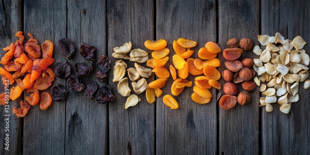 Poster colorful assortment of dried fruits and nuts arranged in a row on rustic wooden background featuring