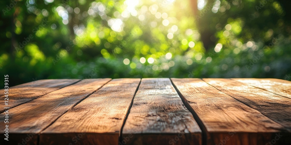 Poster textured wooden table surface in foreground with blurred green garden bokeh background showcasing vi
