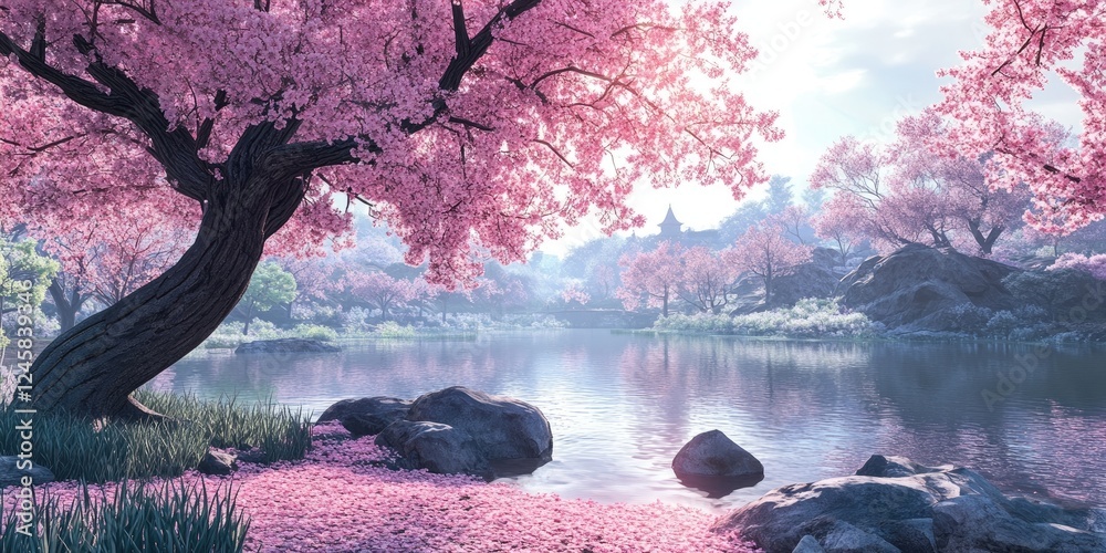 Poster blossoming sakura tree with vibrant pink flowers in a serene park by a tranquil lake surrounded by g