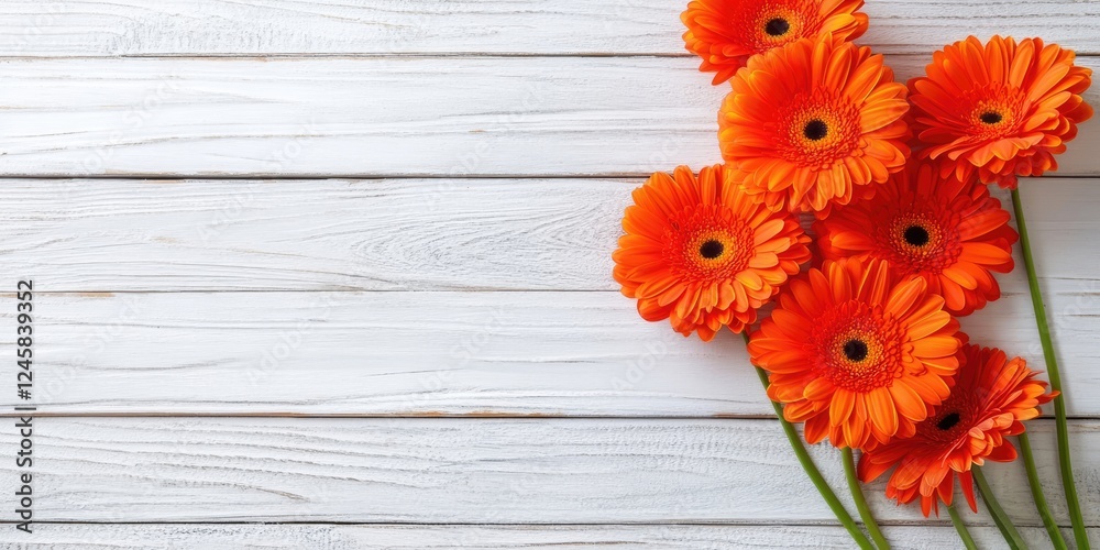 Aufkleber vibrant orange gerbera flowers arranged on a textured white wooden background with a cascading effec