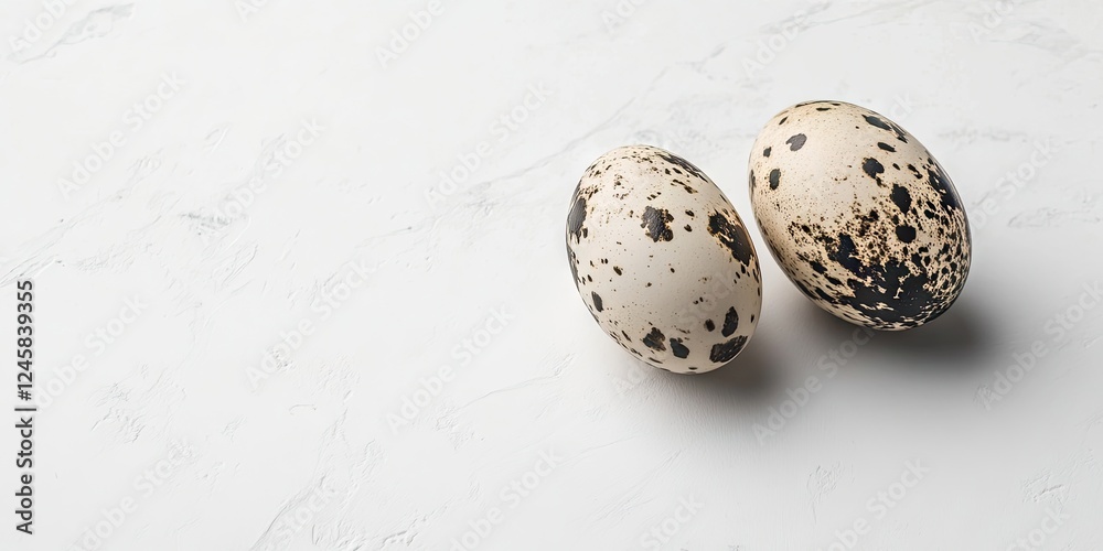 Aufkleber Two speckled quail eggs resting on a smooth white marble countertop with subtle light reflections, softly illuminated from the left side.