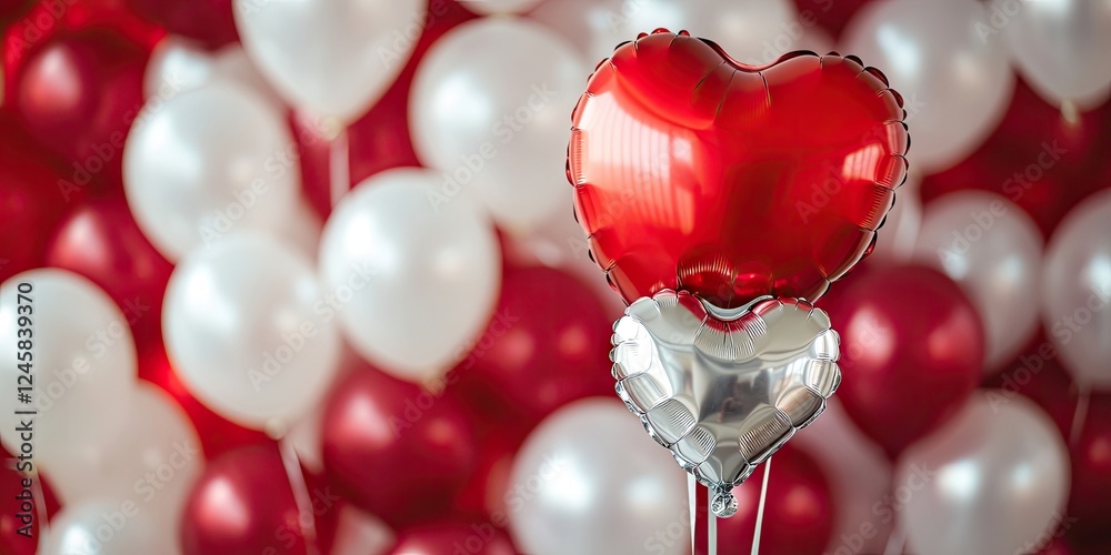 Aufkleber red heart-shaped and silver foil balloons against a backdrop of red and white round balloons creatin