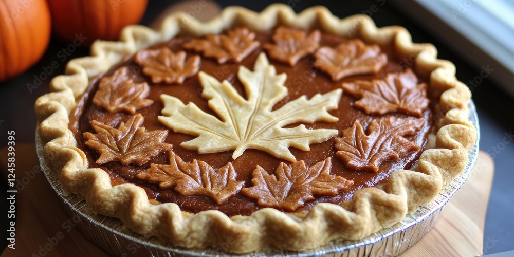 Aufkleber pumpkin pie with decorative leaf design in autumn colors placed on a wooden board with pumpkins in t