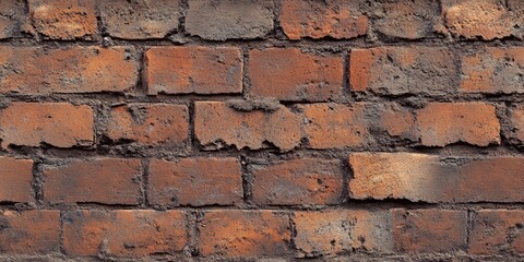 Fototapeta premium Textured weathered red brick wall background with irregular shapes, hues of brown and orange, various bricks positioned horizontally, giving a rustic feel.