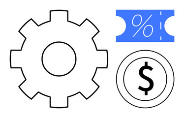 Gear, dollar coin, and discount ticket icons. Ideal for business process optimization, financial management, cost-saving strategies, economic growth, investment planning, profitability and market