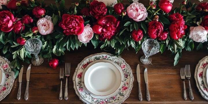 Elegant table setting with vibrant crimson peonies and silver cutlery arranged on a rustic wooden backdrop featuring floral accents and fine china.
