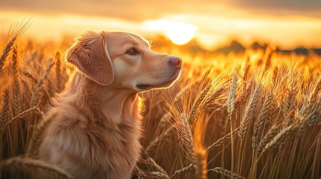 A dog in a wheat field at dawn, with the stems illuminated by the morning sun against the warm golden tones of the sky.