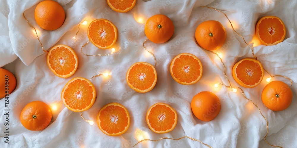 Poster flat lay of vibrant orange tangerines and glowing fairy lights on soft white fabric creating a warm 