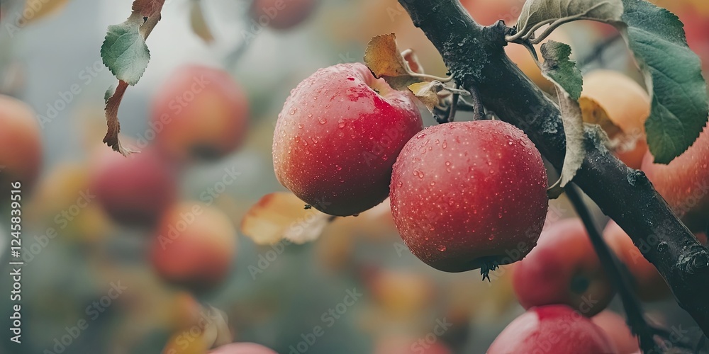 Aufkleber fresh red apples with dew on branches, lush green leaves, soft focus background of blurred apples, a