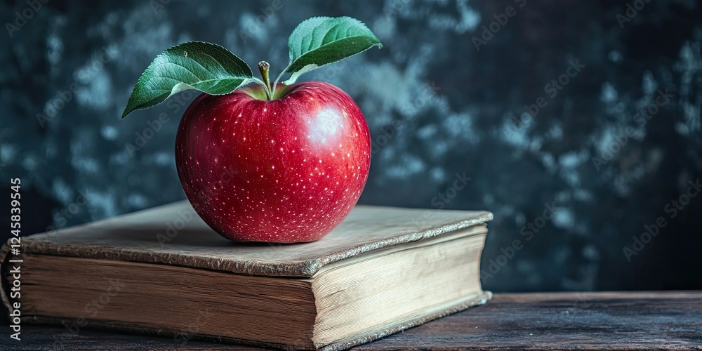 Aufkleber vibrant red apple resting on an open aged book with green leaves, set against a rustic dark wooden b