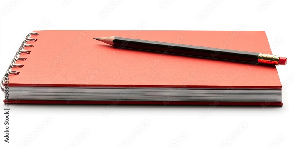 Aufkleber red spiral notebook with blank pages positioned horizontally, accompanied by a black pencil on the t