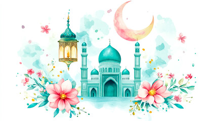 Obraz premium Eid Mubarak and Ramadan Kareem greetings with Islamic lantern, mosque, flowers, and moon for Muslim holy month theme watercolor background illustration.