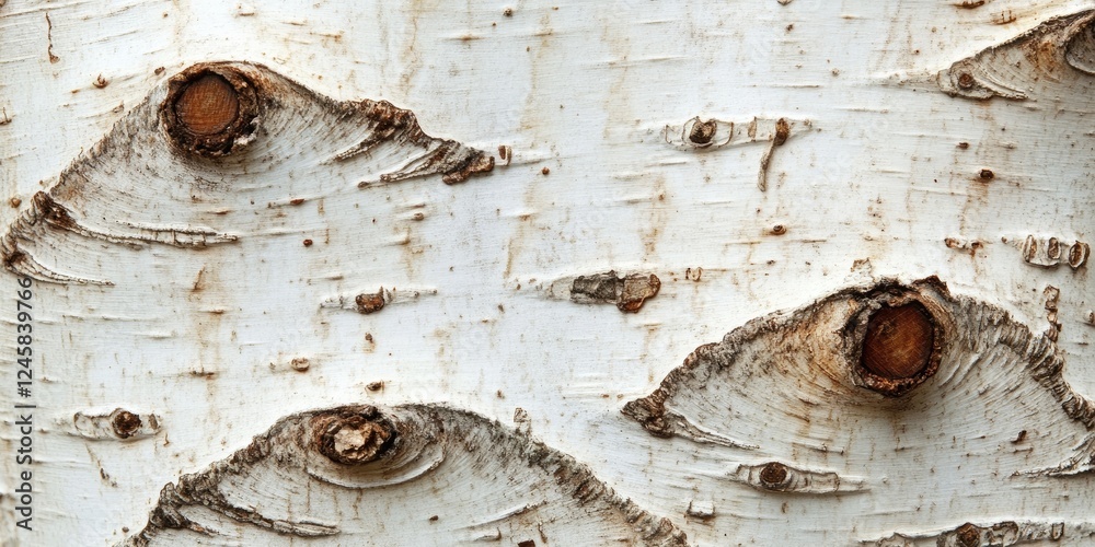 Leinwandbilder Birch tree bark with unique texture featuring smooth white surface and dark circular nodes, close-up shot highlighting natural patterns and details.