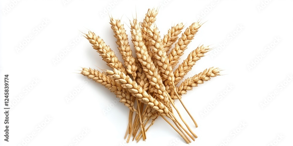 Poster Top view of golden wheat stalks arranged in a circular pattern on a clean white background showcasing texture and natural forms.