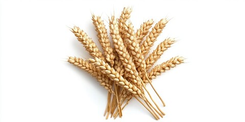 Top view of golden wheat stalks arranged in a circular pattern on a clean white background showcasing texture and natural forms.