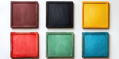 Colorful small chalkboards in red, green, blue, black, yellow, and brown arranged in two rows against a light white background.