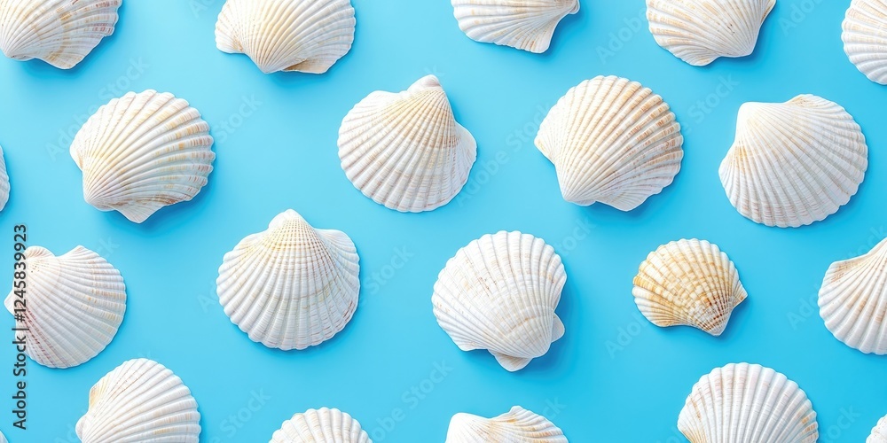 Poster Bright blue background featuring an array of white seashells arranged in a pattern, highlighting their intricate textures and shapes.