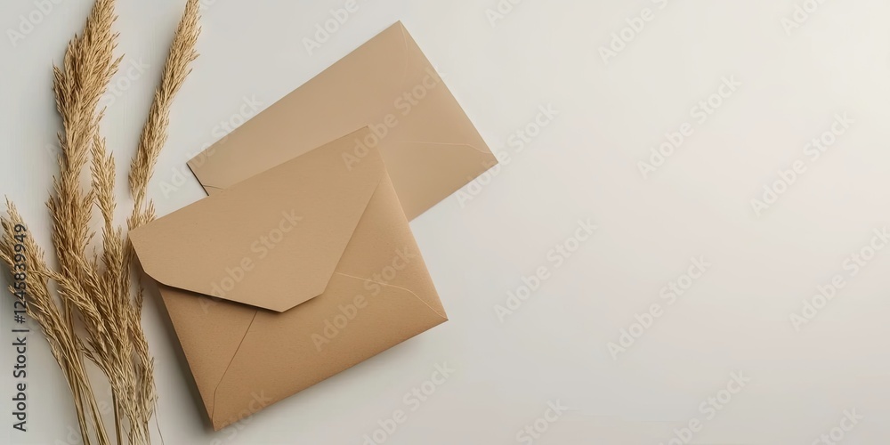 Aufkleber neutral-toned flat lay of two brown envelopes positioned slightly overlapped on a soft beige backgro