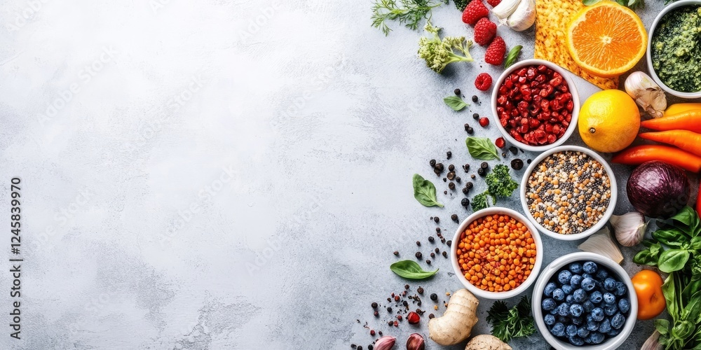 Aufkleber colorful assortment of fresh fruits vegetables and seeds arranged in bowls on a light grey surface c