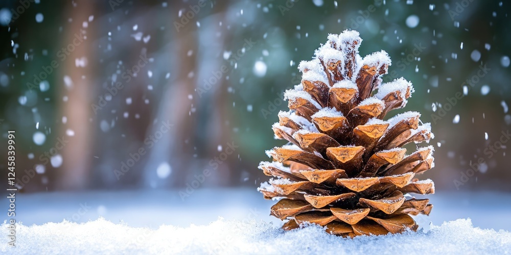 Aufkleber Pine cone dusted with white snow on serene winter backdrop with blurred green and soft bokeh effect highlighting New Year celebration theme