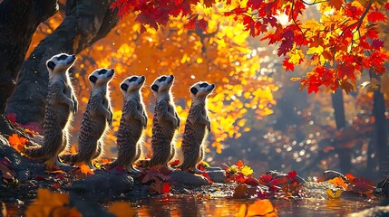 Five Meerkats Standing in a Row by Autumn Water.