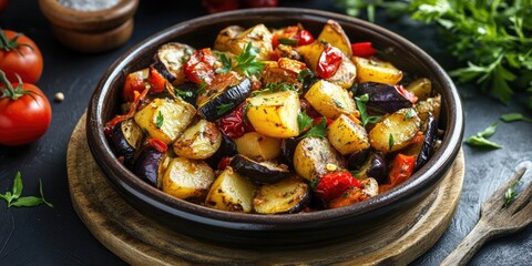 Colorful roasted vegetables including potatoes, eggplant, and cherry tomatoes in a dark bowl on a wooden board with green herbs and ripe tomatoes.
