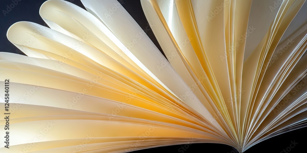 Poster elegant fanned pages of a book displaying soft yellow and cream colors against a dark background, ra