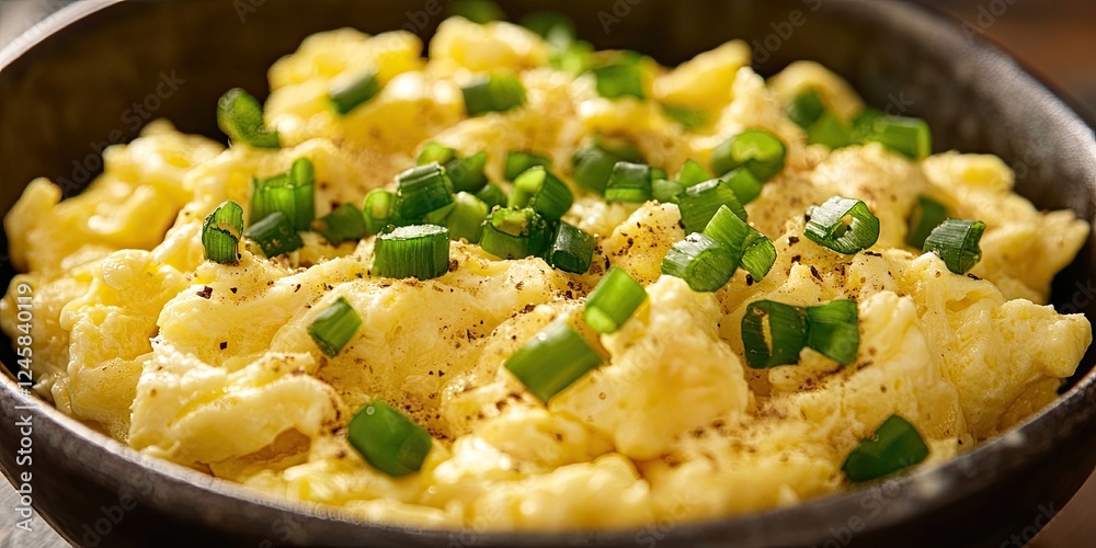 Aufkleber scrambled eggs garnished with chopped green onions in a dark bowl on a wooden surface with a rustic 