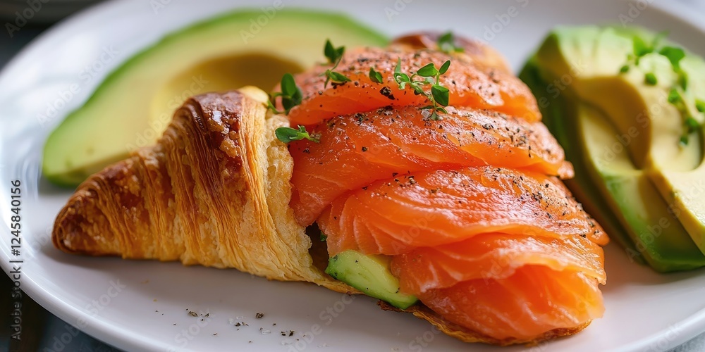 Poster tasty croissant with layers of smoked salmon and avocado slices on a white plate featuring soft gree
