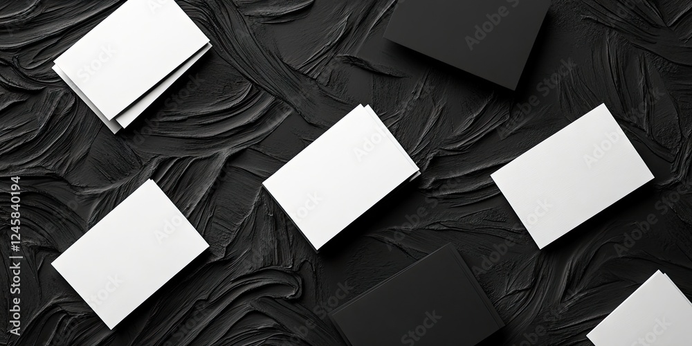 Poster minimalistic layout of stacked blank business cards in white and black colors on a textured dark bac