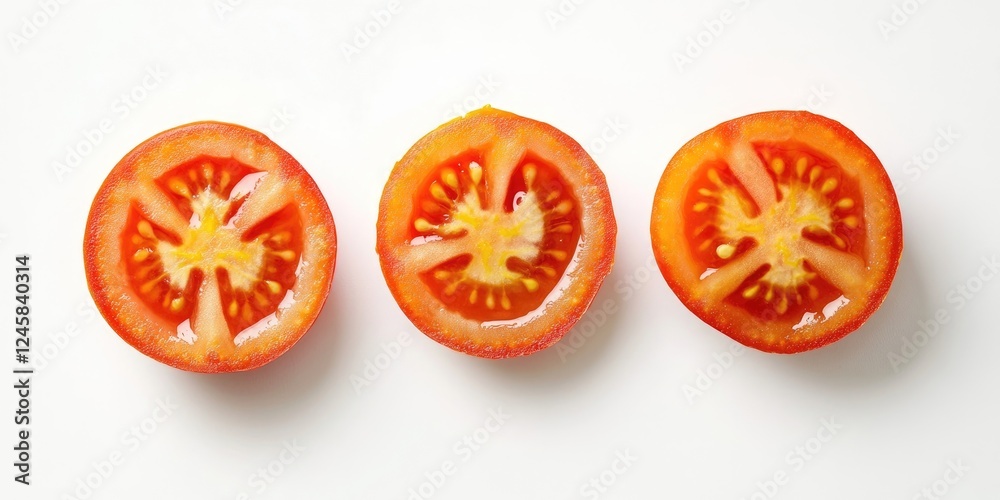 Poster Fresh slices of ripe red tomatoes arranged in a straight line on a white background showcasing vibrant colors and juicy texture of each slice.