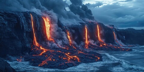 Dynamic lava flows cascade into the ocean with vibrant orange hues contrasting against turbulent dark gray clouds and deep blue waves, creating a mesmerizing natural display.