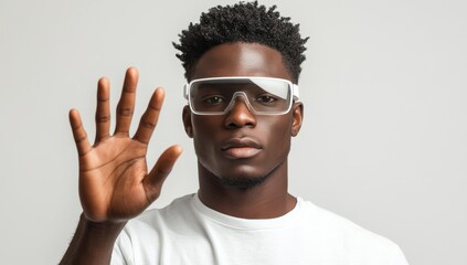 Obraz premium Young Man Wearing Modern Glasses Gesturing with Hand Against Plain Background in Studio Settings for Technology and Fashion Concepts