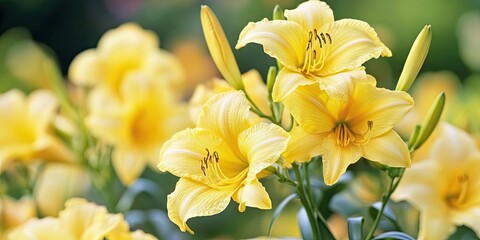 Fototapeta premium Yellow daylilies in full bloom, showcasing vibrant yellow petals with green foliage in a blurred garden background, bright and cheerful atmosphere.