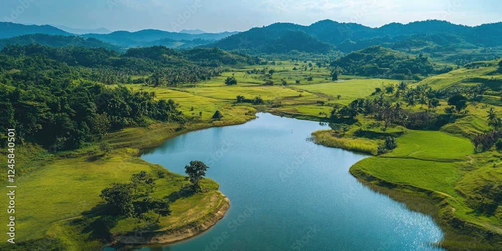 Poster vast green landscape with a serene blue lake reflecting mountains under a bright sky, featuring lush