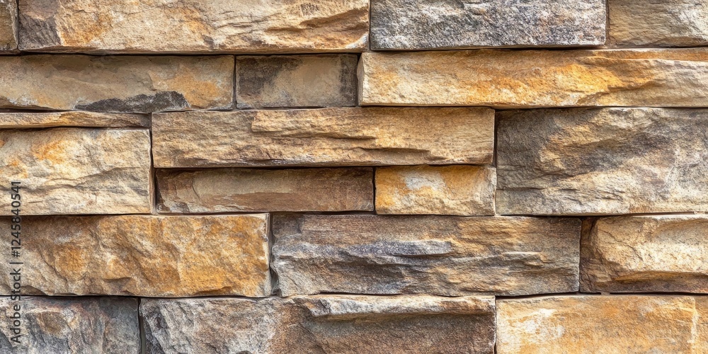 Fototapete Textured stone wall in warm earthy tones of brown and gold with varied rectangular stone patterns creating a rustic and natural appearance.