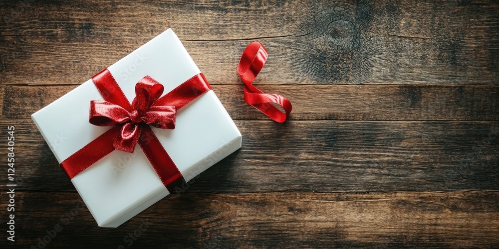 Aufkleber white gift box with red ribbon and bow on wooden background showcasing generous copy space. box cent