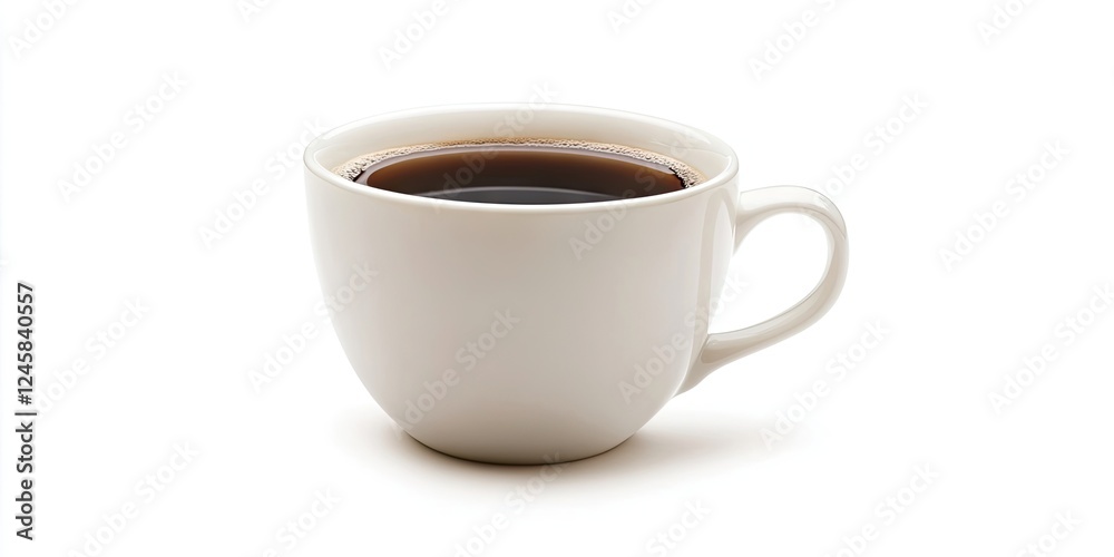 Poster Classic white coffee cup filled with black coffee positioned to the right on a clean white background capturing simplicity and warmth.