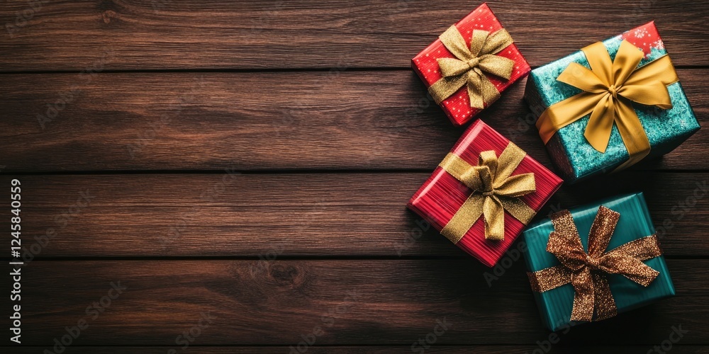 Poster Colorful gift boxes wrapped in shiny paper with bows on a rustic wooden surface, positioned in a cluster on the right side of the image.