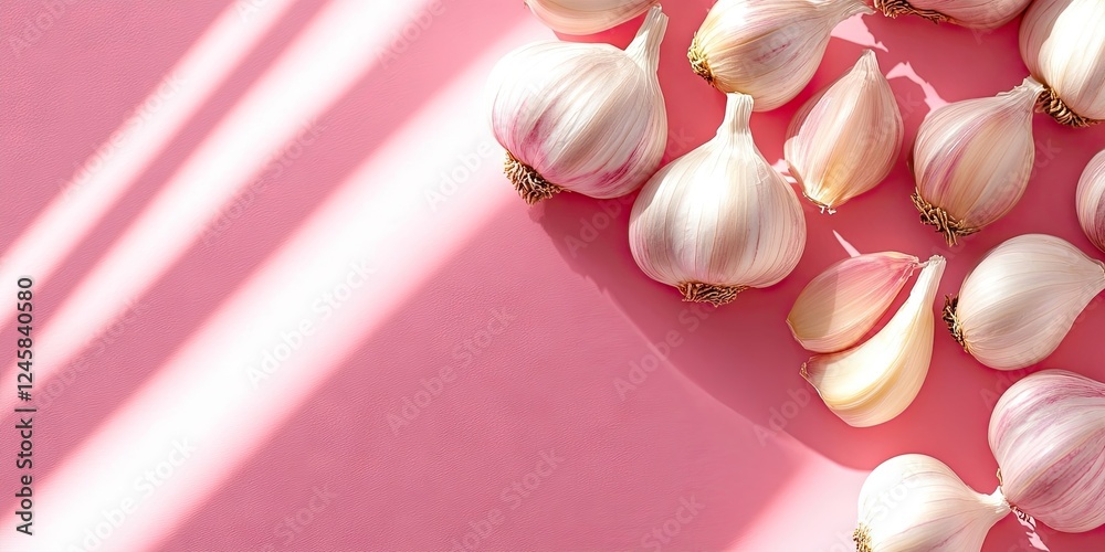 Poster Fresh garlic bulbs and cloves arranged on a soft pink background with diagonal shadows creating a warm ambiance across the scene.