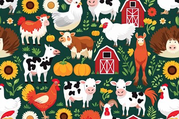 Vibrant Agricultural Print Design Featuring Cheerful Farm Animals