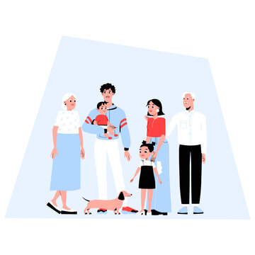 Multigenerational Family With A Dog, Flat Vector Illustration Symbolizing Family Bonding, Generations, Togetherness, And Pet Companionship, Isolated On White Background