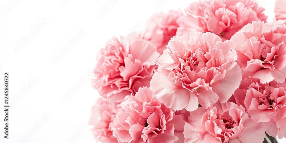 Poster delicate pink carnation bouquet arranged in a cluster against a clean white background showcasing so
