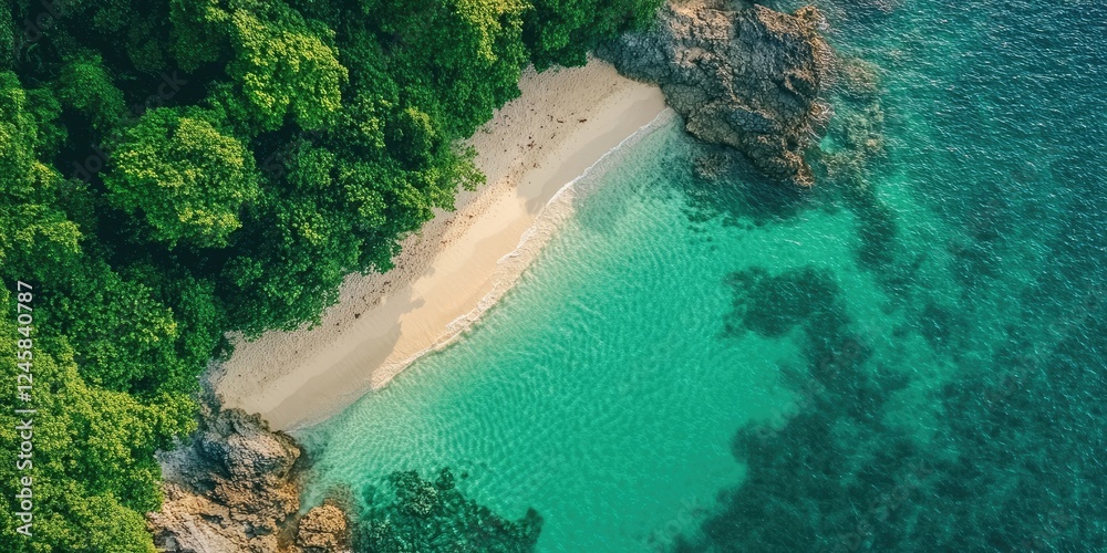 Aufkleber aerial view of a tranquil beach with golden sand bordered by lush green trees and clear turquoise wa